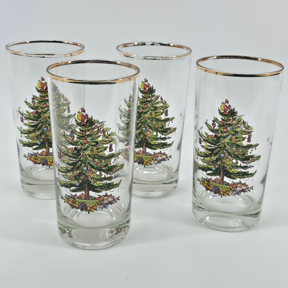 spode Christmas Tree Highball Glasses Gold Rim Santa Topper Set of 4